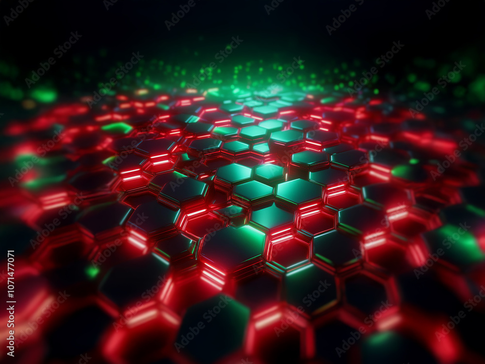 Aufkleber a dark background with a grid of glowing red and green hexagonal shapes, resembling a futuristic cit