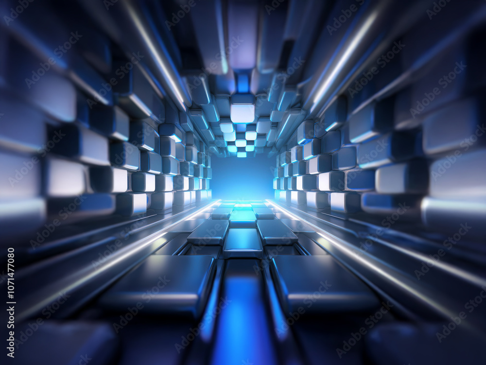 Poster A futuristic, abstract tunnel with a checkered pattern composed of metallic blocks lit by bright blue light.