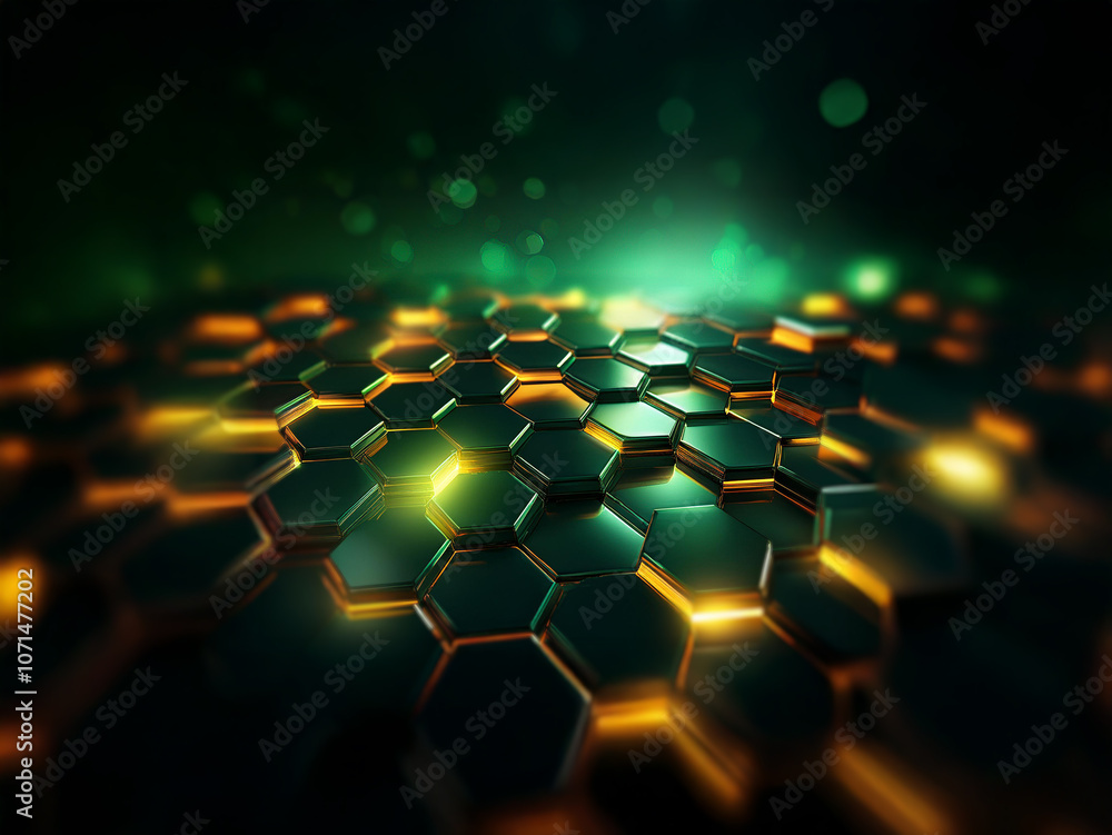 Poster a field of glowing hexagonal shapes, casting a warm yellow light on a dark green background.