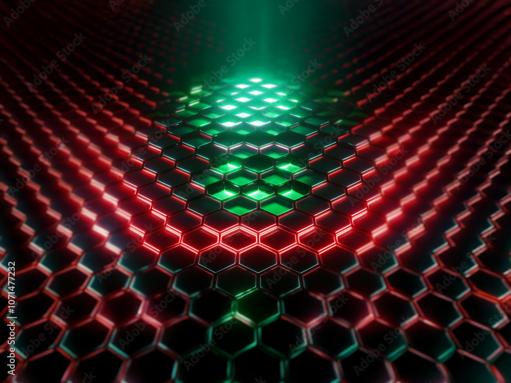 Poster a grid of red and green glowing hexagons illuminated by a bright green light.