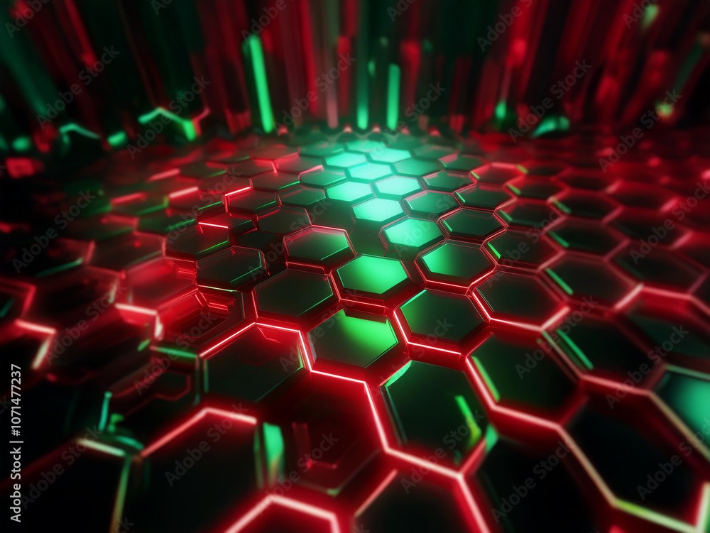 Poster A close-up view of a honeycomb pattern with glowing red and green lines.