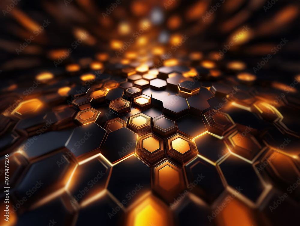 Fototapete a 3d rendering of a black and gold hexagonal pattern, with a blurry effect.