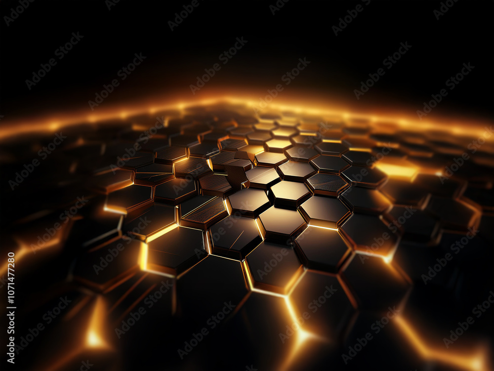Aufkleber A black and gold abstract background features a repeating pattern of hexagons with glowing edges.