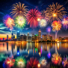 Fototapeta premium A stunning display of fireworks illuminates a city skyline