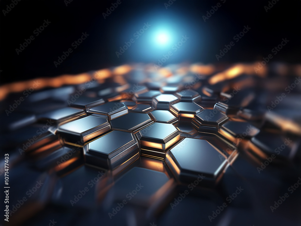 Aufkleber A metallic, hexagonal grid pattern with a bright blue light in the distance, creating a sense of depth and perspective.