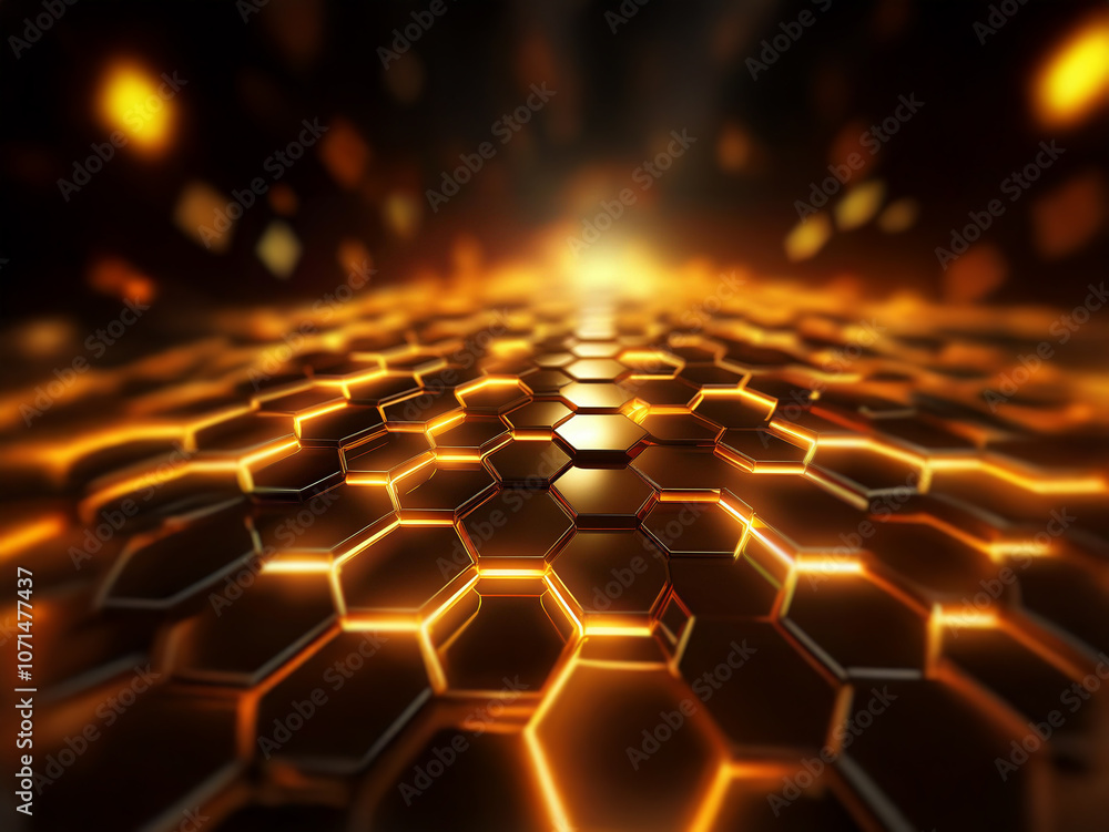 Aufkleber a futuristic, abstract scene with glowing, hexagonal patterns leading toward a bright light source.