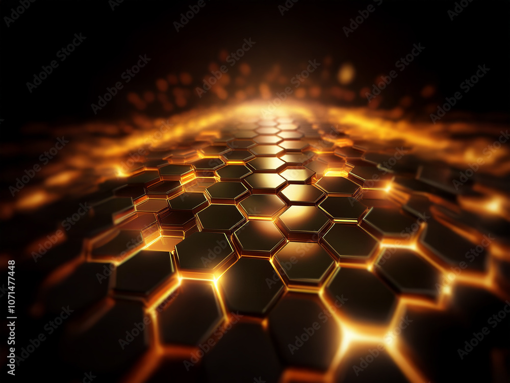 Poster A glowing path of hexagonal shapes extends into the distance, with a warm, golden light emanating from its center.