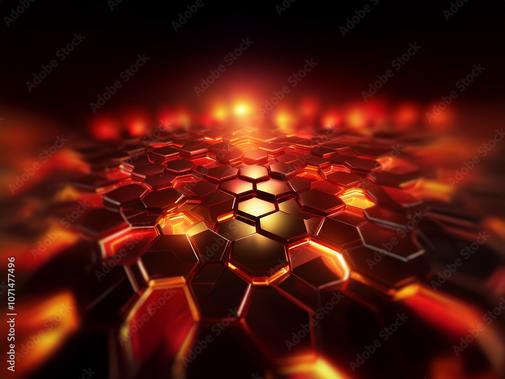 Aufkleber A glowing red honeycomb pattern with a deep perspective. The honeycomb is arranged in a repeating pattern of hexagonal shapes and is illuminated with warm, golden light.