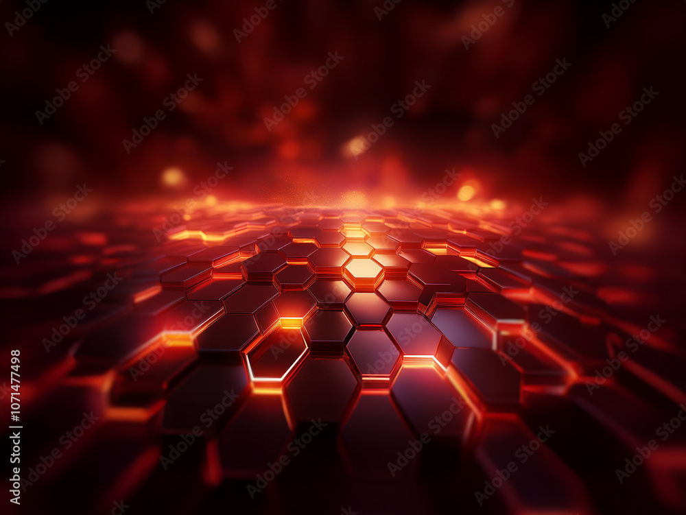 Poster a glowing red honeycomb pattern with a blurred background of orange and red light.
