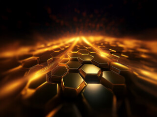 Obraz premium A path of golden hexagonal tiles stretches into the distance, glowing with an ethereal light against a dark, hazy background.