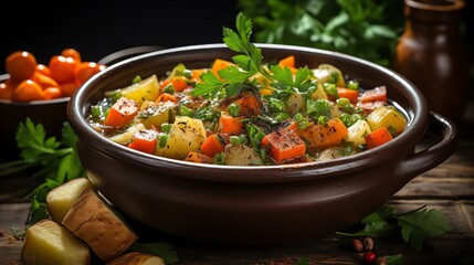 A hearty stew with potatoes, carrots, peas, and herbs in a rustic brown bowl.