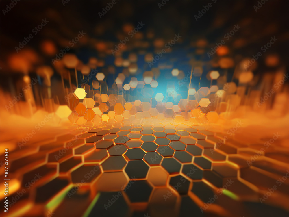 Fototapete A dark background with a glowing honeycomb pattern in the foreground. There is a blue glow emanating from the background and a hazy glow near the bottom of the image.