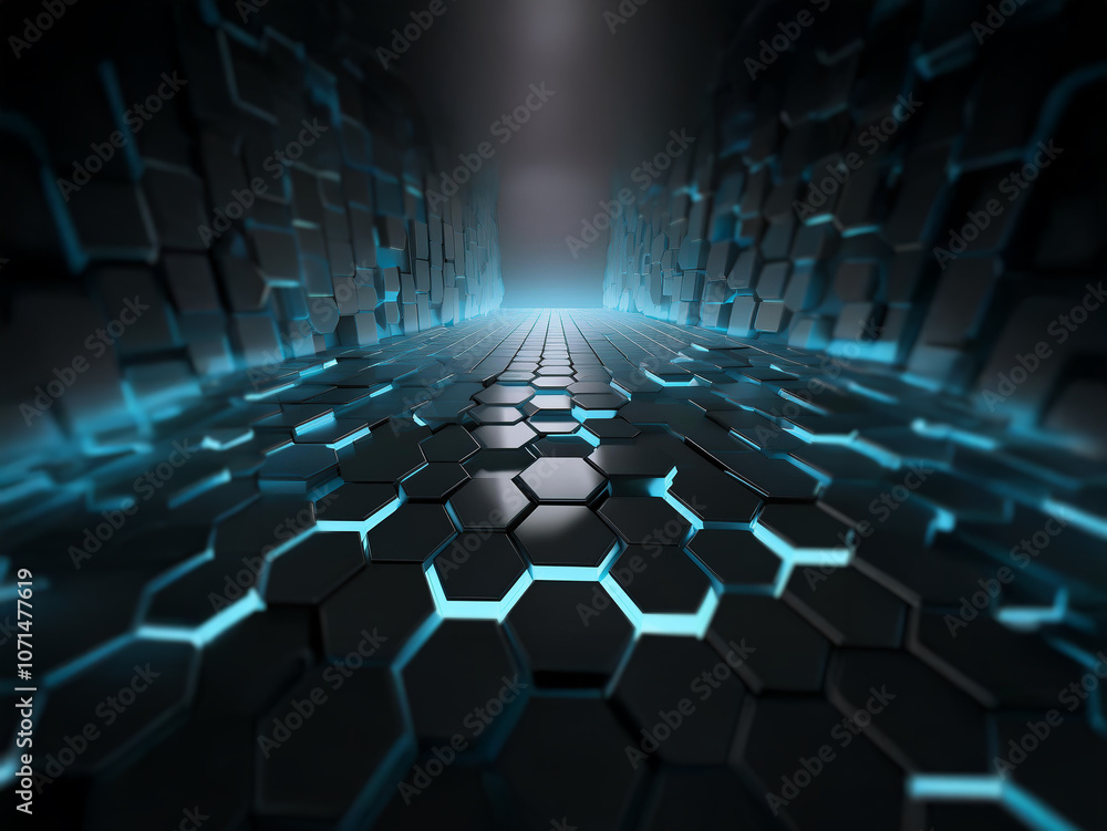 Poster a futuristic hallway with a glowing blue light at the end. the walls and floor are made of black hex