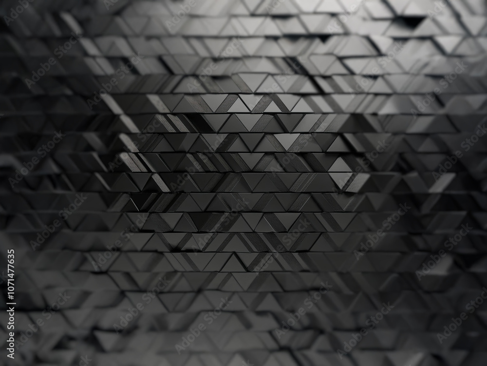 Poster a black and white abstract pattern of triangles with highlights and shadows.