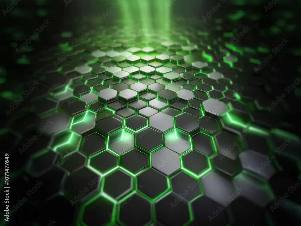 Poster a dark, futuristic surface with a honeycomb pattern, illuminated by glowing green lights.