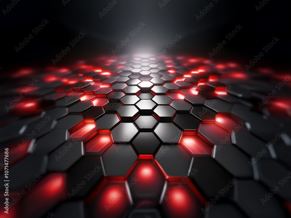 Poster A dark, abstract background with a textured hexagonal pattern illuminated by red lights.