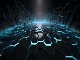 Naklejka premium A futuristic hallway with a glowing blue light at the end. The walls and floor are made of black hexagonal tiles.