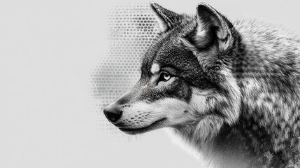 Obraz premium Majestic Wolf Portrait in Black and White with Artistic Halftone Background for Wildlife and Nature Photography
