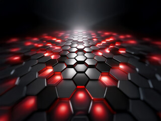 Obraz premium A dark, abstract background with a textured hexagonal pattern illuminated by red lights.