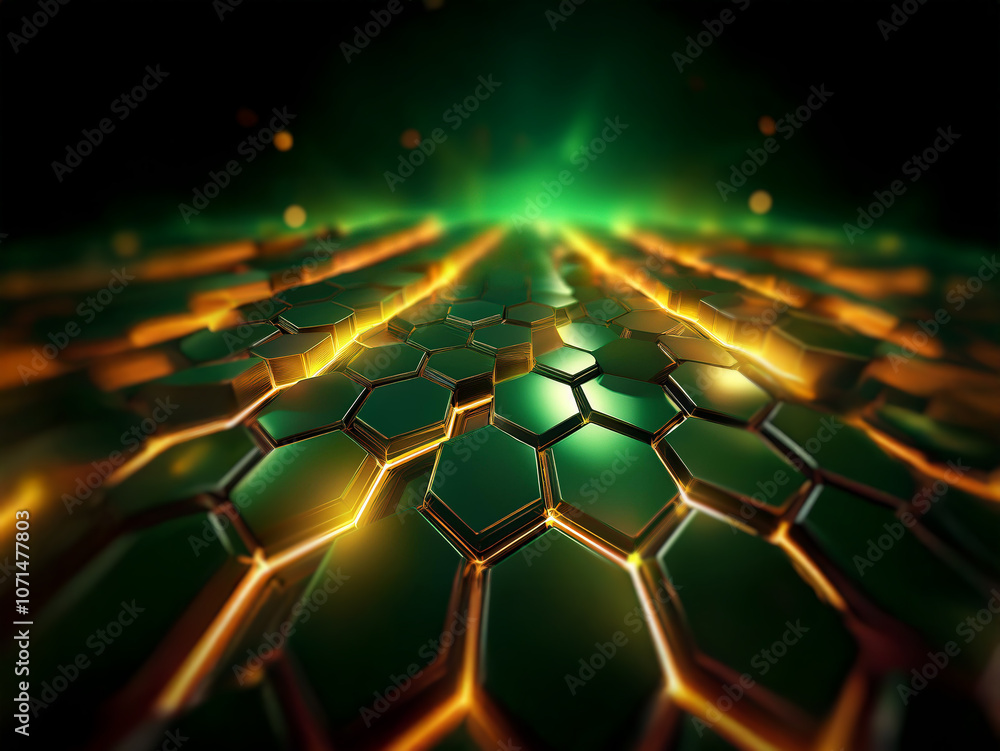 Poster a glowing green and orange hexagonal pattern stretches into the distance on a black background.