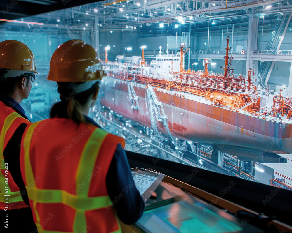 Poster engineers in safety gear observe shipbuilding process in factory. they are focused on intricate deta