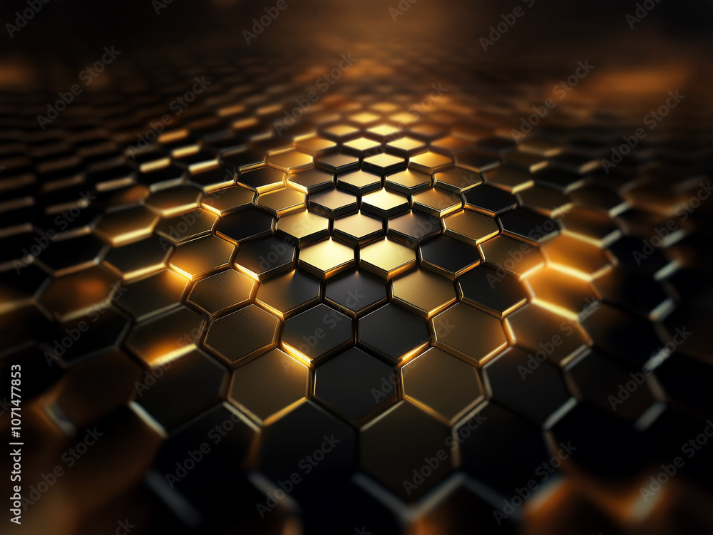 Fototapete a dark background with a grid of golden hexagons that recede into the distance. the hexagons are ill