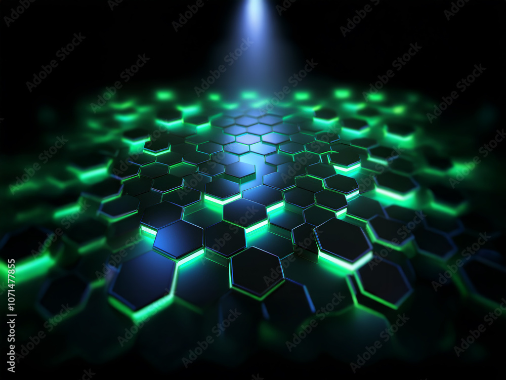 Aufkleber A spotlight shines on a grid of glowing green and blue hexagons arranged in a repeating pattern, creating a futuristic feel.