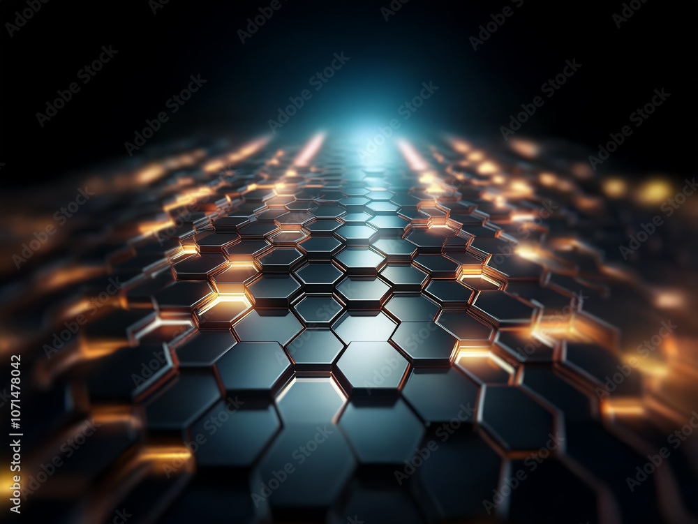 Aufkleber a futuristic, abstract pathway made of glowing hexagonal shapes that recede into the distance.