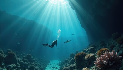 Fototapeta premium Exploring the Ocean's Depths: A Cinematic Deep-Sea Diving Scene