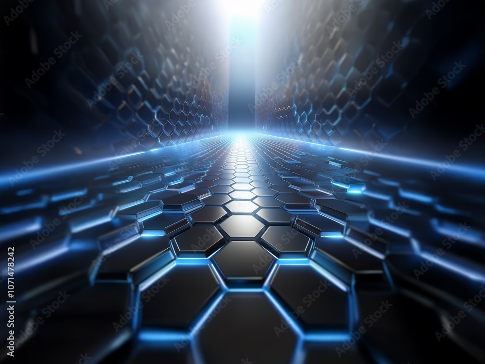 Poster a futuristic, dark corridor lined with glowing hexagonal tiles leads to a bright light at the end.