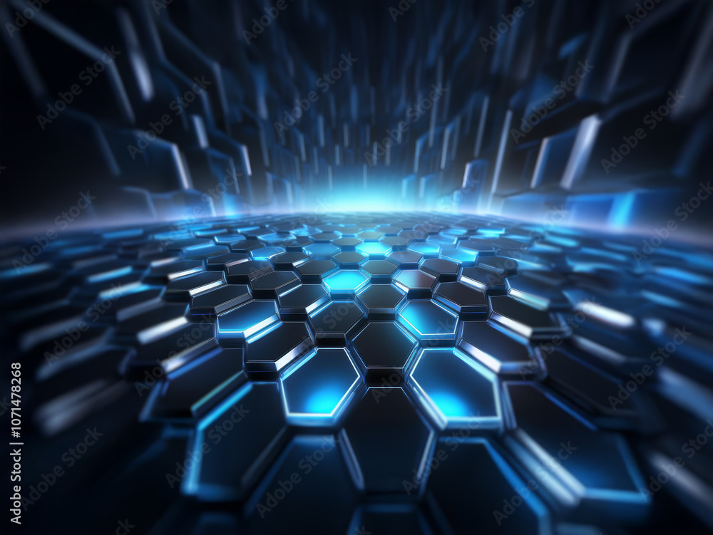 Poster abstract digital background with a hexagonal pattern in shades of blue and black.