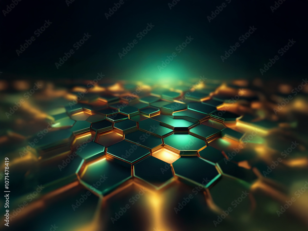 Aufkleber A dark background with a pattern of metallic hexagonal shapes, glowing in shades of green and gold.