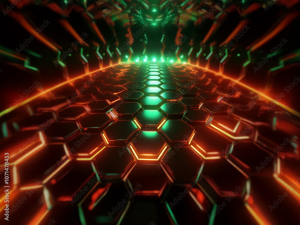 Aufkleber a glowing green and orange path leads through a tunnel made of hexagonal panels.