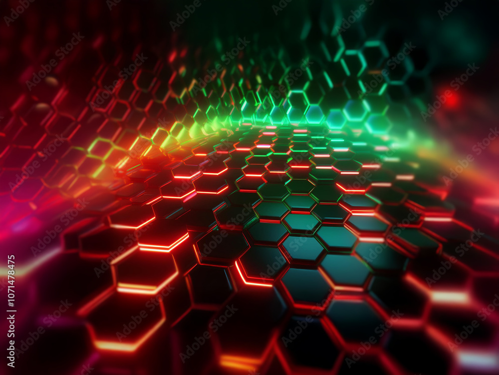 Poster an abstract, futuristic background with a grid of glowing hexagons that create a sense of depth and 