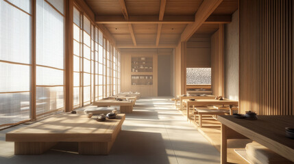 serene Japanese tea room featuring exposed sashimono beams, natural light streaming through large windows, and minimalist wooden furniture. atmosphere is calm and inviting