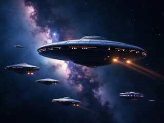 Obraz premium Fleet of futuristic spaceships navigating through outer space with a backdrop of stars and galaxies, representing interstellar exploration and sci-fi adventure