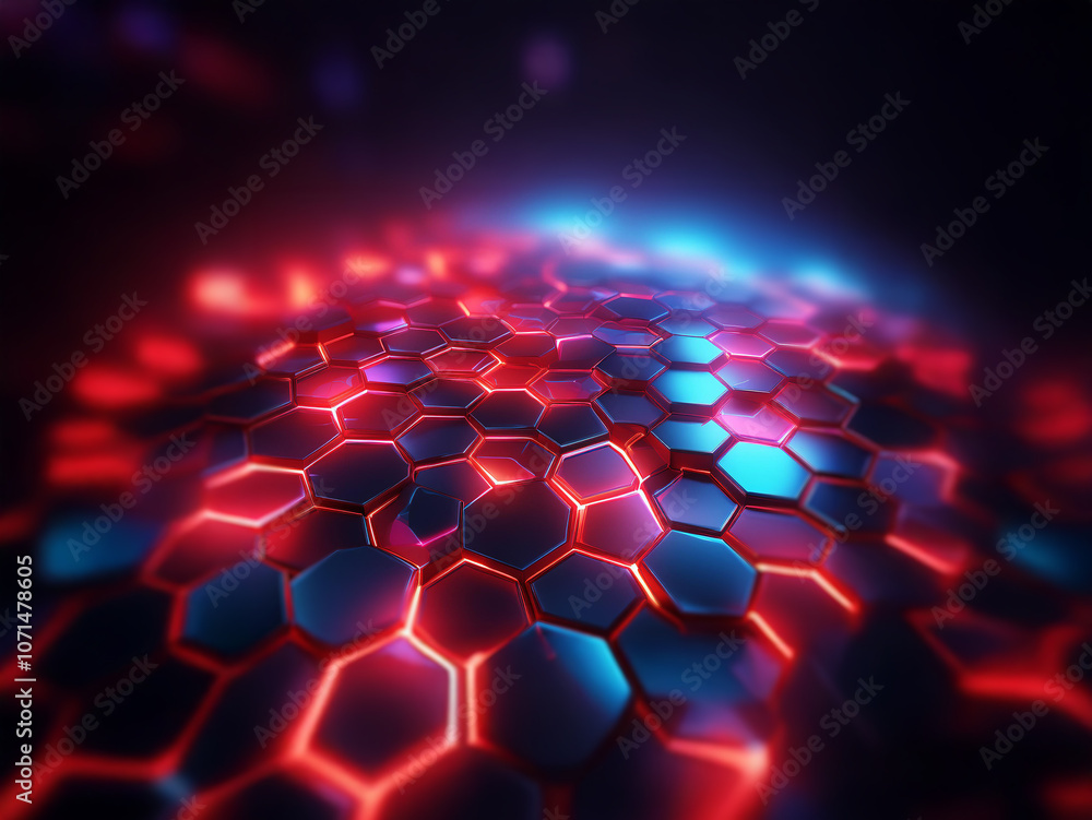 Poster A field of glowing hexagonal cells in red and blue, creating a futuristic abstract design.