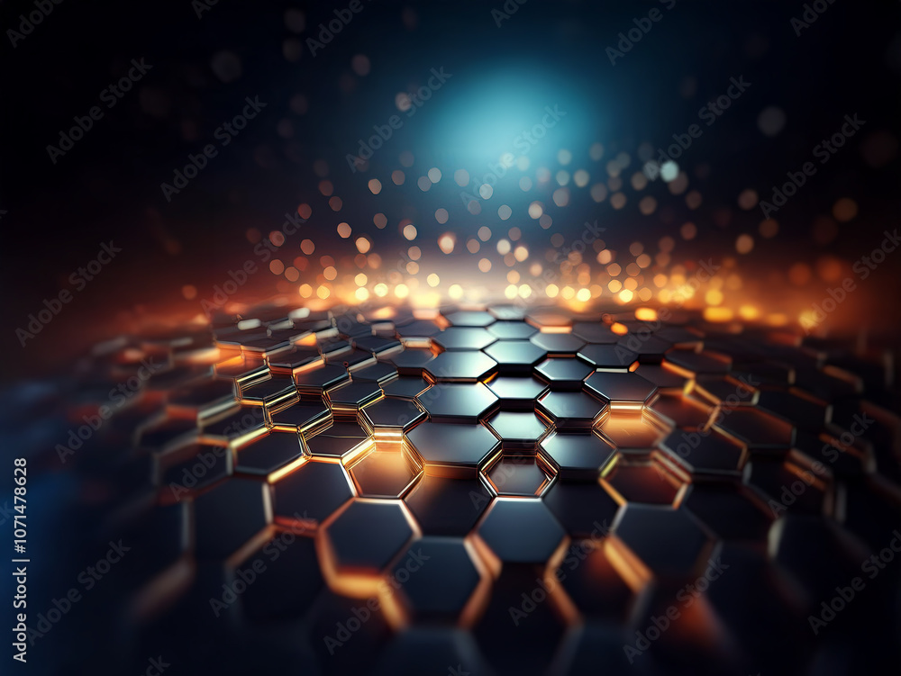 Poster a dark background with glowing, hexagonal shapes.