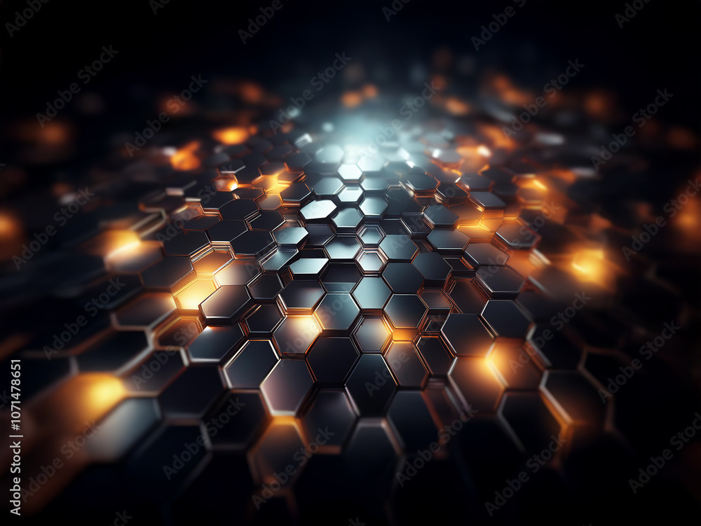 Poster a dark background with a pattern of illuminated hexagons, creating a path of light into the distance