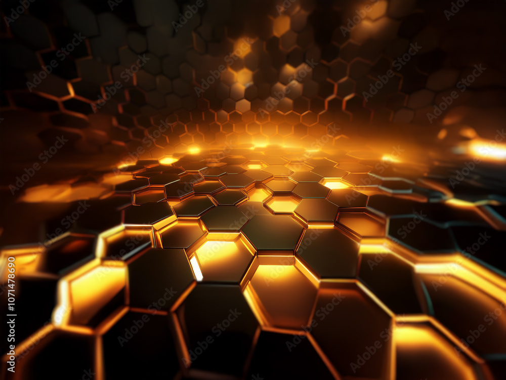 Aufkleber A 3D rendering of a dark background with a honeycomb pattern that glows with orange light.