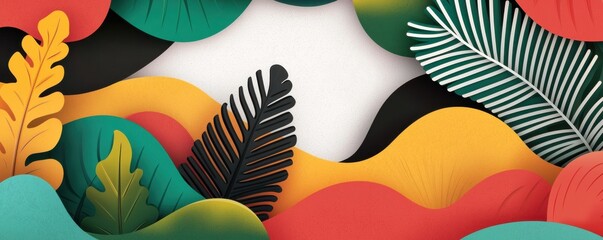 A vibrant layered design featuring colorful leaves and wavy shapes, creating a lively, nature-inspired aesthetic.