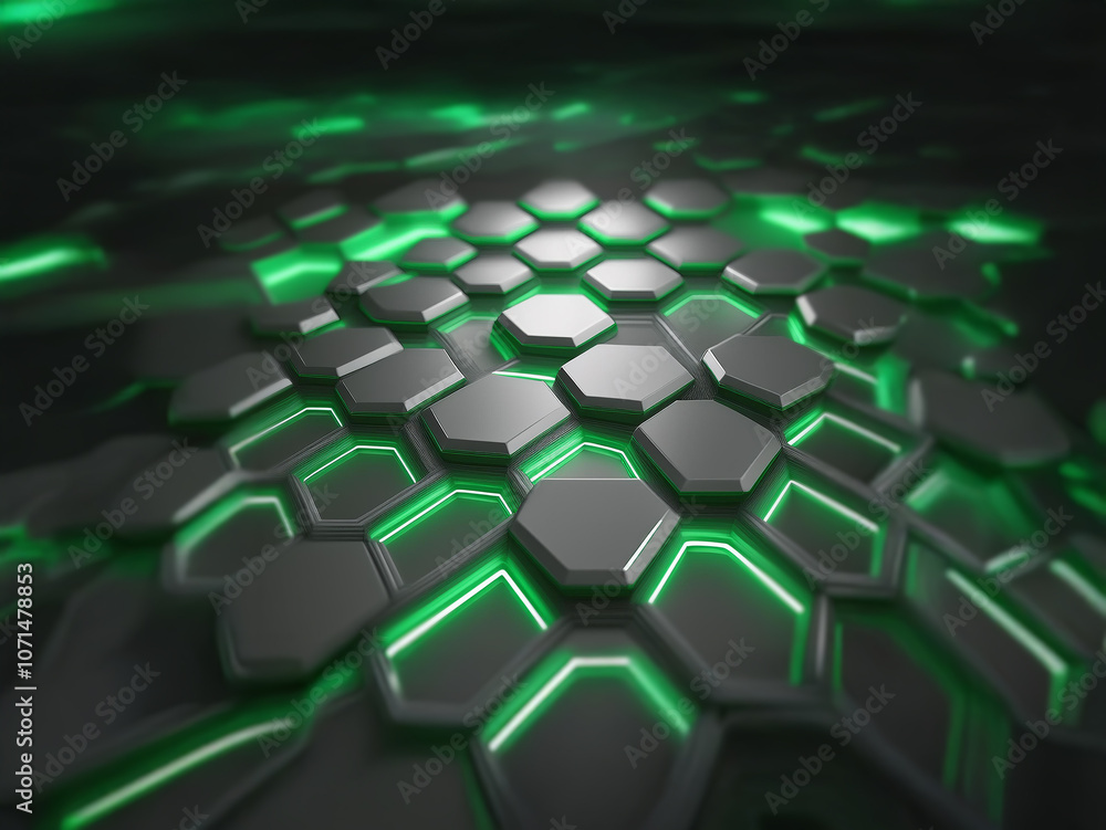 Leinwandbilder a 3d rendering of a dark, geometric surface with glowing green lines outlining the honeycomb pattern
