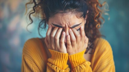 Fototapeta premium A young woman experiences deep sorrow and grief while clutching her face in a quiet, dimly lit room