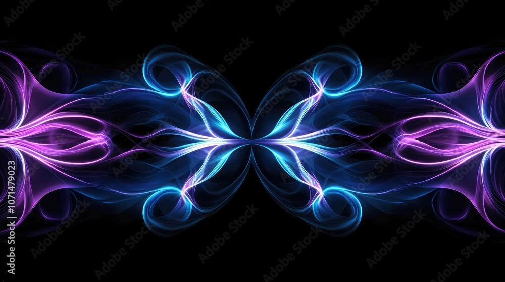 Poster abstract blue and purple flowing lines on a black background creating a butterfly-like design.