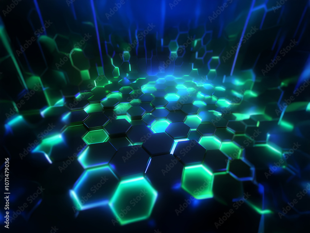 Aufkleber a futuristic, abstract background featuring a field of glowing green hexagons on a dark blue surface