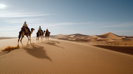 A solitary camel caravan moving across the vast Sahara Desert, with golden sand dunes and clear blue skies, capturing the spirit of adventure and exploration.