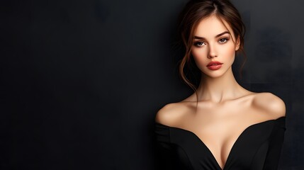 Fototapeta premium Mysterious woman in a black dress with a V-neck