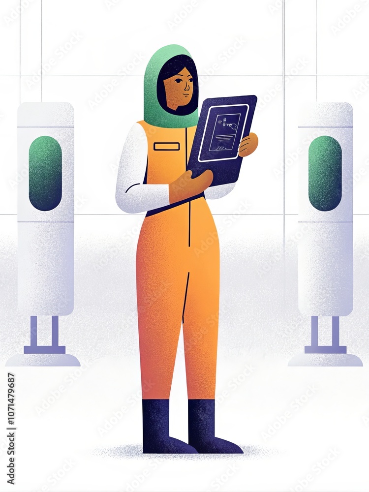 Aufkleber scientist in protective suit analyzing data on tablet in lab environment