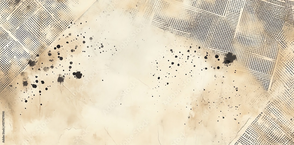 Poster close-up of a textured paper background with black ink splatters and a newspaper print in the corner