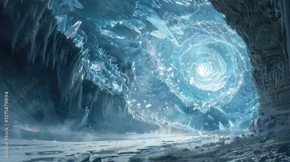Poster hidden within the depths of a massive cave a wall of crystalline shards collides and rearranges itse